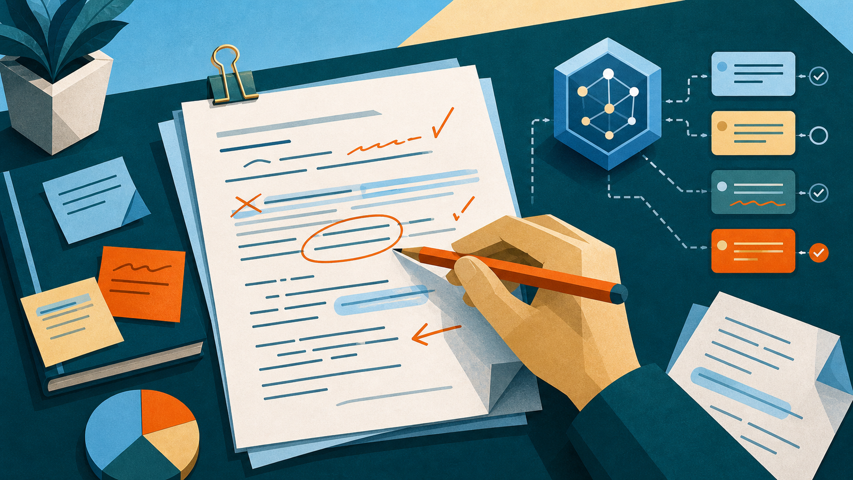 A human hand shaping draft pages beside an abstract AI editing node