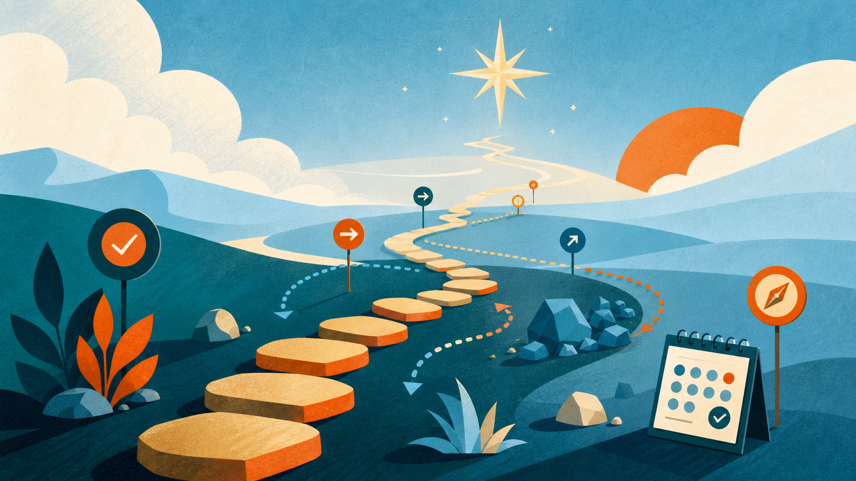 A North Star above a winding path made from small stepping stones and route markers