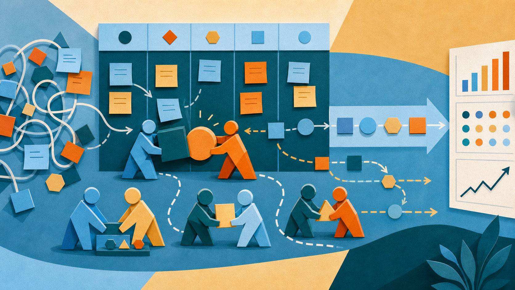Abstract workflow board with blockers being moved aside as a team creates a smoother delivery path