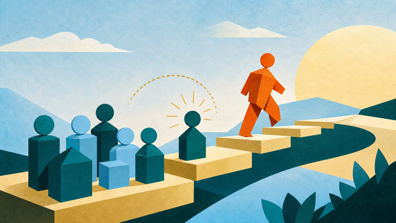 An orange figure moves forward while another steps into greater responsibility within a stable team