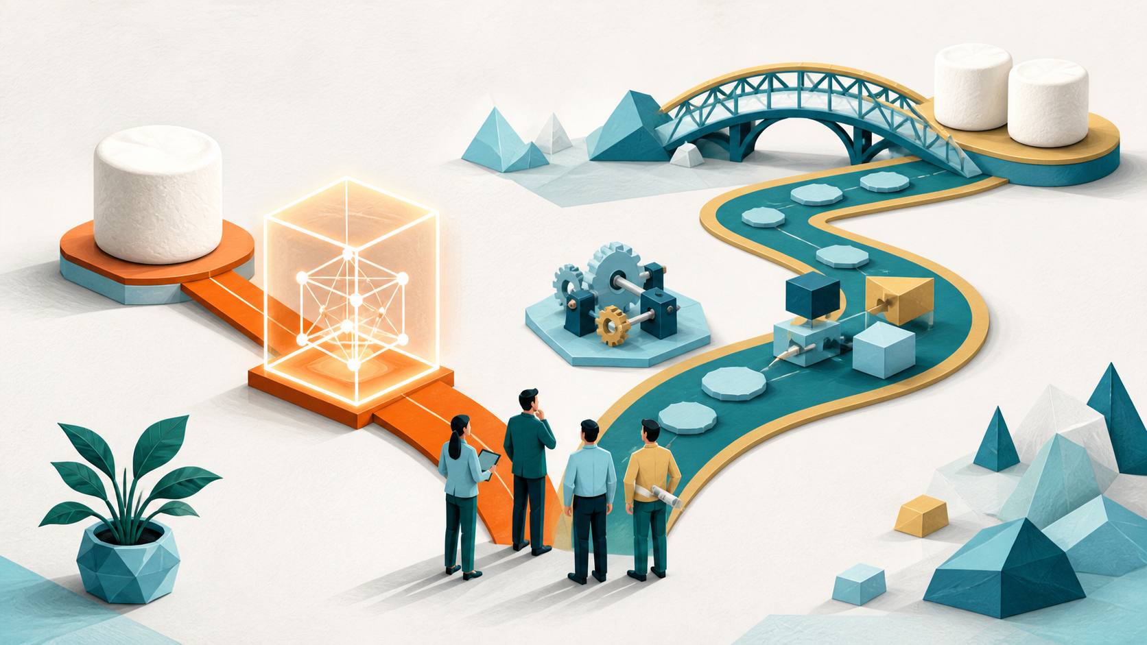 A team chooses between a short orange path through a glowing AI cube leading to one marshmallow and a longer path of engineering work leading to two marshmallows and a completed bridge